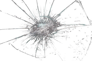 Close up of a broken glass  with shards and cracks on transparent background	