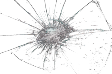 Close up of a broken glass  with shards and cracks on transparent background	
