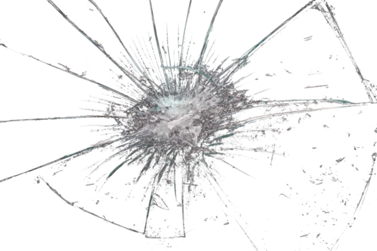 Close up of a broken glass  with shards and cracks on transparent background	
