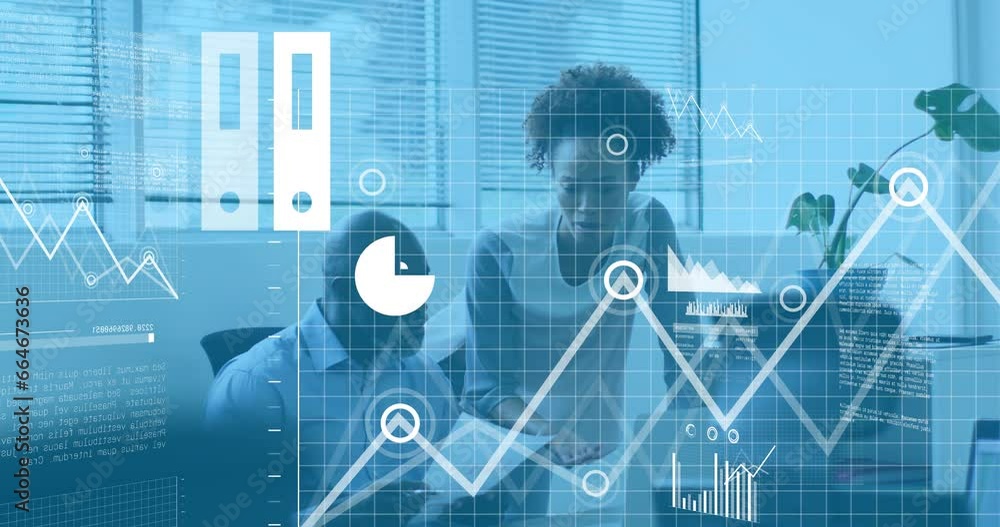 Poster animation of multiple icons over diverse coworkers discussing reports on desk in office