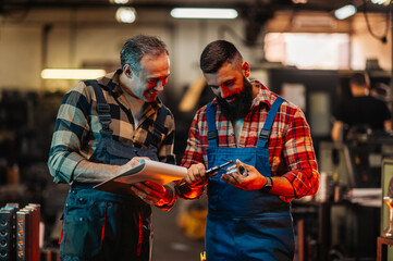 Two factory employees checking measures of newly shipped metal piece and taking notes.