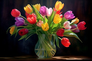 Vivid tulips in a vase, evoking the refreshing essence of spring. Generative AI