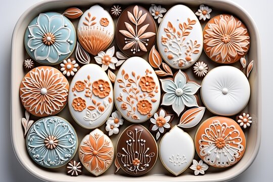 A tray of decorated cookies on a table. Delightful tasty Easter cookies.