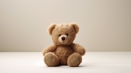 A small teddy bear with soft beige fur, sitting upright and looking towards the camera with a gentle smile