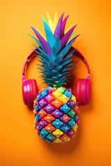 Foto auf Glas A pineapple with headphones and a pair of headphones. Vibrant pop art image. © tilialucida