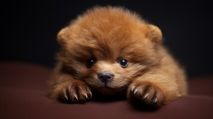 A tiny teddy bear with auburn fur, lying on its back with its paws up in a playful pose