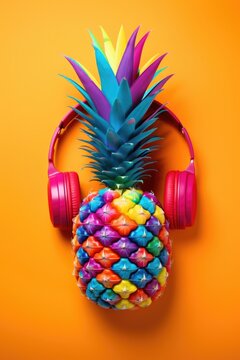 Naklejki A pineapple with headphones and a pair of headphones. Vibrant pop art image.