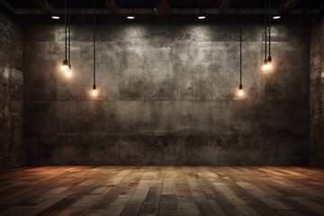 Dark industrial grunge background with ceiling lights, concrete slab walls, and wooden floor. Generative AI