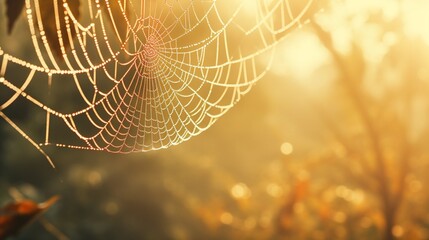 Showcase the ethereal beauty of a spider's intricate web, glistening in the early morning sun.