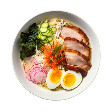 plate of ramen top view isolated on white background, ai generated