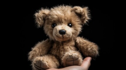 A pocket-sized teddy bear with ash-grey fur, its arms outstretched in a warm embrace