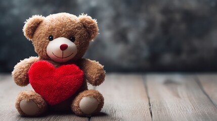 A small teddy bear with chestnut-brown fur, holding a plush red heart close to its chest