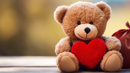 A small teddy bear with chestnut-brown fur, holding a plush red heart close to its chest