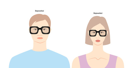 Bejewelled frame glasses on women and men flat character fashion accessory illustration. Sunglass front view silhouette style, rim spectacles eyeglasses, lens sketch style outline isolated on white
