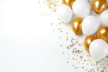 White and golden balloons on white background tio view with copy space