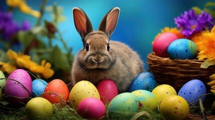 Fototapeta na wymiar easter bunny hiding between colorful easter eggs and spring grass