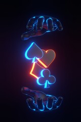 Aces cards symbols with futuristic neon blue and red lights on a black background. Club, diamond, heart and spade icon with hands. 3D render illustration