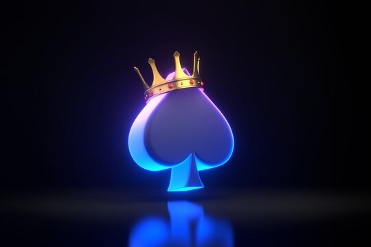 Aces cards symbols with futuristic neon blue and pink lights on a black background. Spade icon with golden crown. 3D render illustration