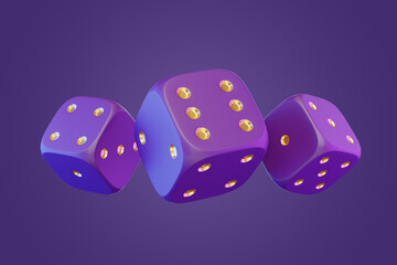 Three purple rolling gambling dice on a purple background. Lucky dice. Board games. Money bets. 3D render illustration
