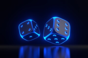 Two rolling gambling dice with futuristic neon blue lights on a black background. Lucky dice. Board games. Money bets. 3D render illustration