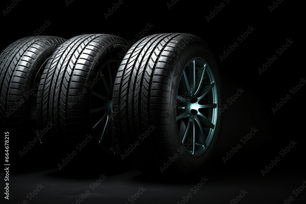 Wall mural New car tires on a black background. Background with selective focus and copy space