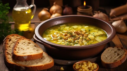 Yellow and Orange pea soup with bread UHD wallpaper Stock Photographic Image