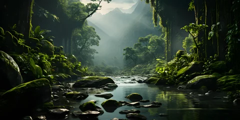 Foto op Plexiglas Tropical abundance of greenery. The jungle is a thriving ecosystem with variety of plant life. Sunlight filters through the dense foliage,  falling on the river. Created using Generative AI technology © Piotr