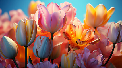Obraz na płótnie Canvas Still life of Spring tulip flowers on colorful background UHD wallpaper Stock Photographic Image