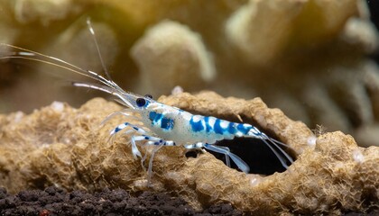 Obraz na płótnie Canvas Blue Diamond Shrimp, a rare species, crawls out of dung