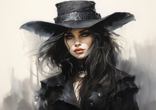 woman black hat leather jacket witch cowgirl looks mix drow female long hair ranger mistress android mystic