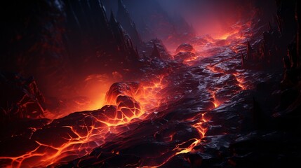 Fototapeta na wymiar A close-up of molten lava flowing down the slopes of a volcanic mountain, glowing red-hot.