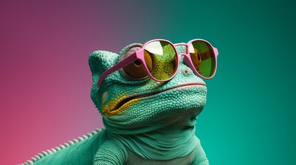 Cool chameleon wearing sunglasses on a solid color background, copy space, 16:9 - obrazy, fototapety, plakaty
