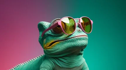 Poster Cool chameleon wearing sunglasses on a solid color background, copy space, 16:9 © Christian