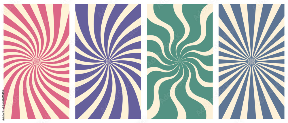 Poster vector set of vertical groovy poster in trendy 70s style. twisted and distorted retro backgrounds. v