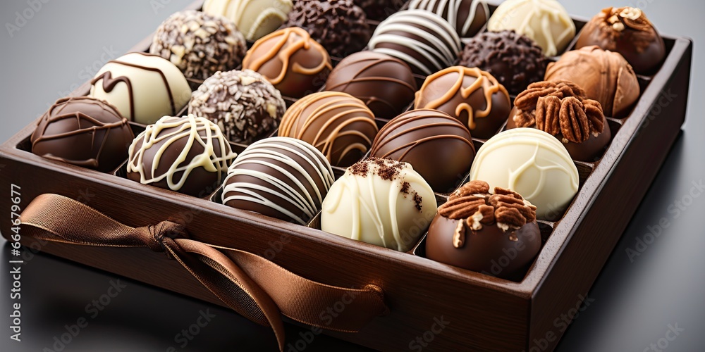Poster a box of assorted chocolates on a table.