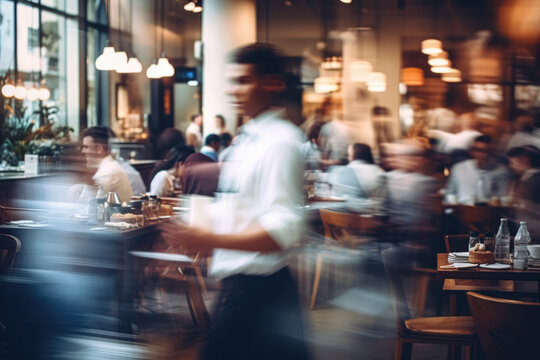 Public Space Cafe Restaurant Background, Blurred Motion, Urban Dining, Modern Interior, Casual Gathering, Service, Atmosphere, Diners Hustle, Contemporary Bistro, Relaxing. Generative AI.