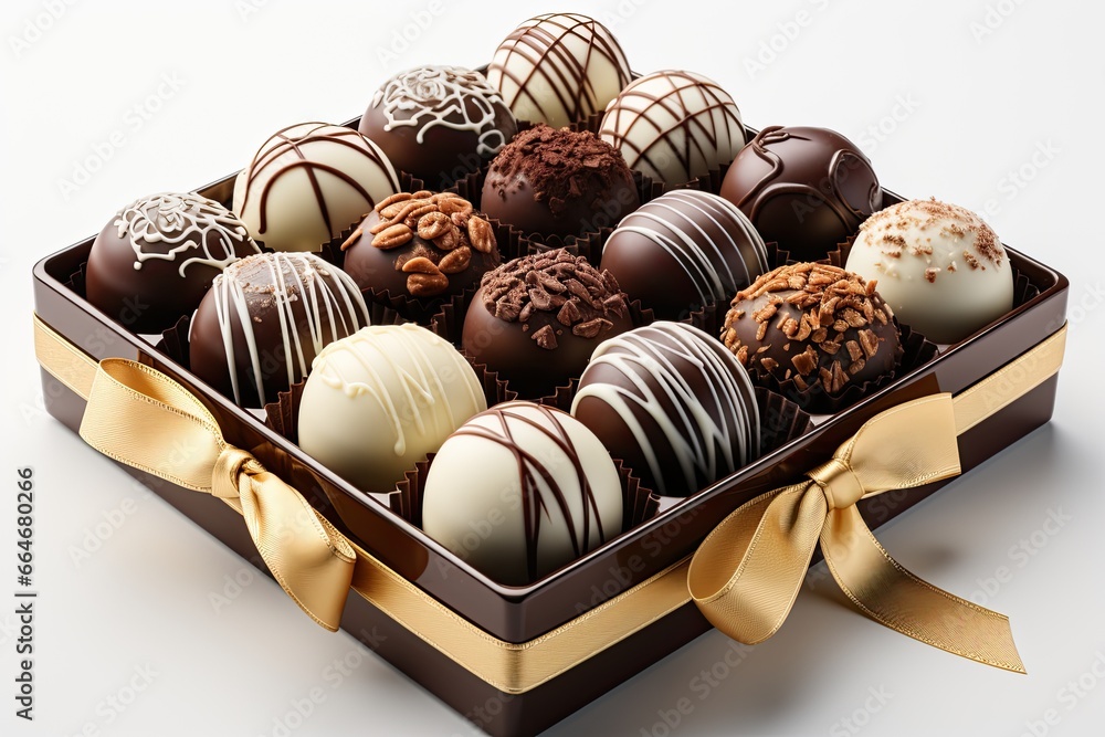 Poster a box of assorted chocolates on a white surface.