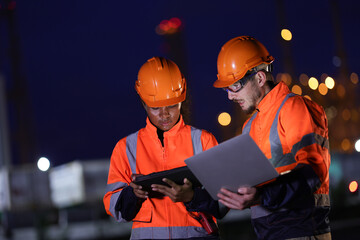 Male and female engineers in orange safety uniforms work together at night ship at the refinery...