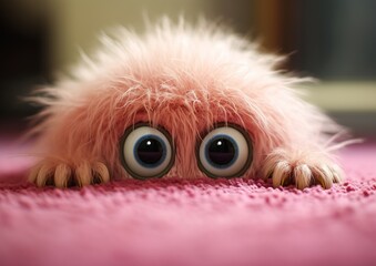 closeup furry animal big eyes pink blanket cartoon hairs lurking shag