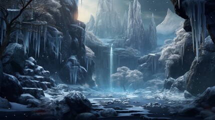 A frozen waterfall surrounded by jagged cliffs, their surfaces glistening with icicles. The pool at...