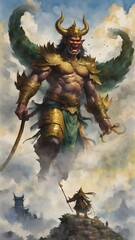Giant in golden armor.Generative AI
