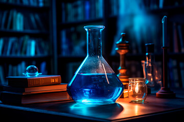 Flask with blue liquid inside