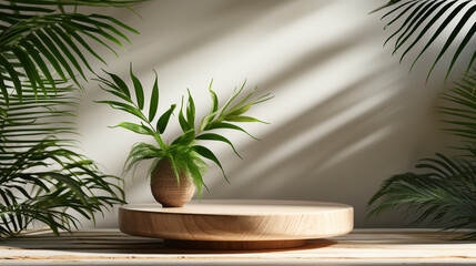 Fototapeta premium Wooden round side table podium tropical green UHD wallpaper Stock Photographic Image