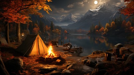 A campfire in front of a lake with mountains in the background. AI image.