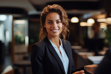 A woman in a business suit smiling at the camera. AI image. Hotel receptionist.