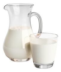 Natural whole milk in a jug and a glass isolated.