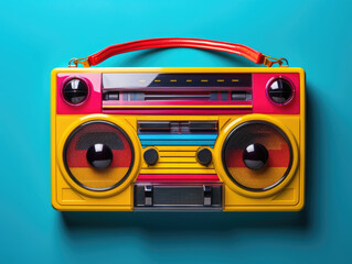 A yellow and red boombox sitting on top of a blue wall. Vibrant pop art image.