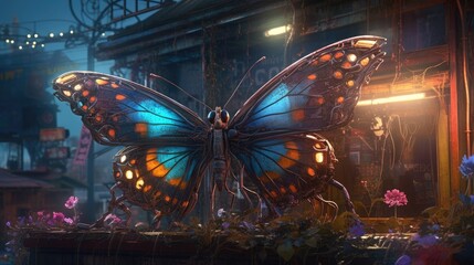 Fantastic giant butterfly hovers over flowers on the background of an abandoned city AI generative