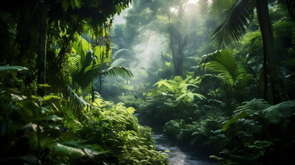 The lush rainforest comes alive as sunlight filters through the thick jungle canopy, illuminating the vibrant greenery and the meandering river that flows gracefully through it. Created using Generati