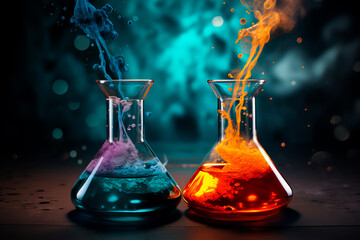 Laboratory flasks with colored liquid - obrazy, fototapety, plakaty